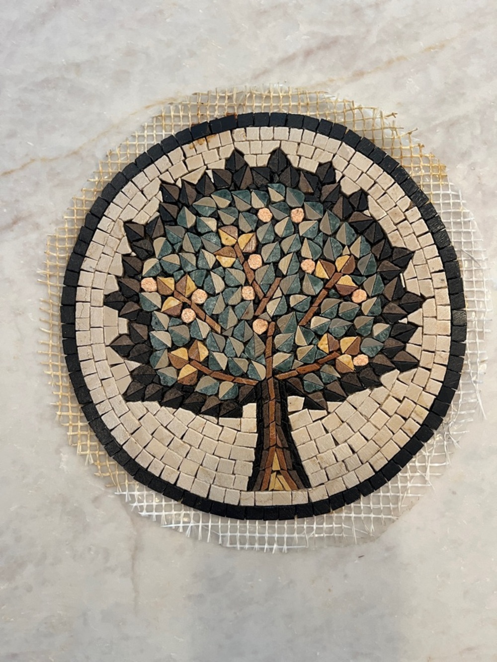 Handmade Tree Round Mosaic Tile Art - Neutral Greens & Browns
